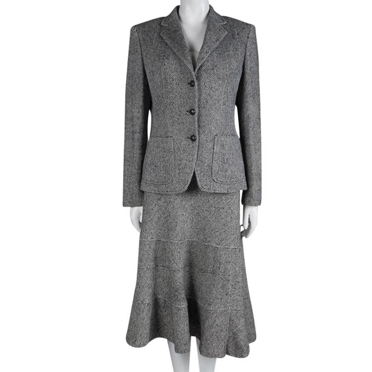 Pre Owned CH Carolina Herrera Monochrome Herringbone Skirt Suit L