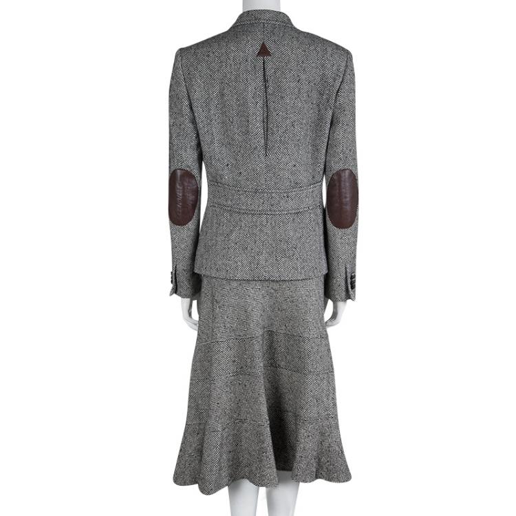 Pre Owned CH Carolina Herrera Monochrome Herringbone Skirt Suit L