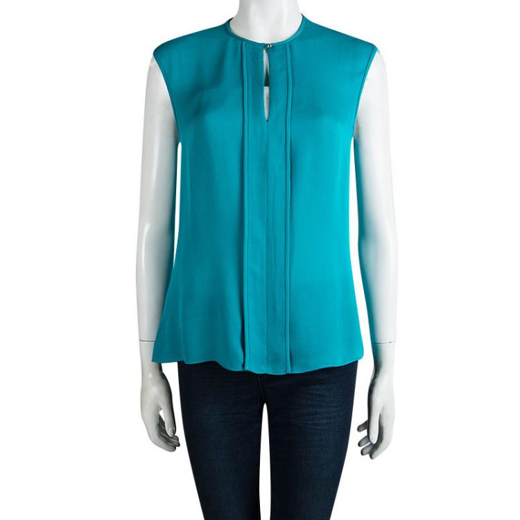 Pre Owned CH Carolina Herrera Blue Silk Sleeveless Blouse M