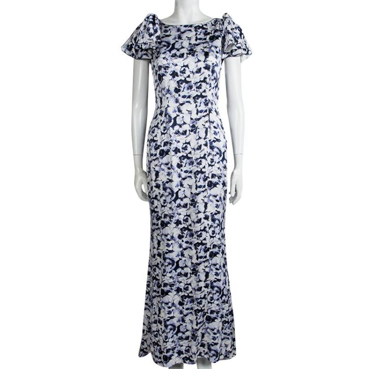 Pre Owned CH Carolina Herrera Blue Floral Printed Silk Maxi Dress S