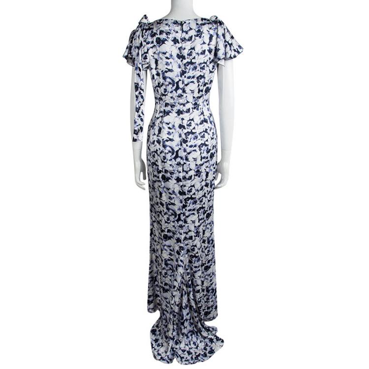 Pre Owned CH Carolina Herrera Blue Floral Printed Silk Maxi Dress S