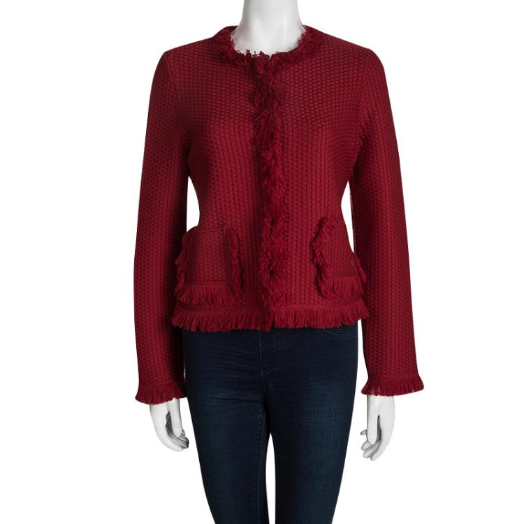 Pre Owned CH Carolina Herrera Red Wool Fringe Detail Cardigan M