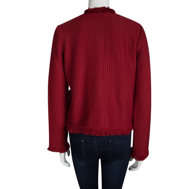 Pre Owned CH Carolina Herrera Red Wool Fringe Detail Cardigan M