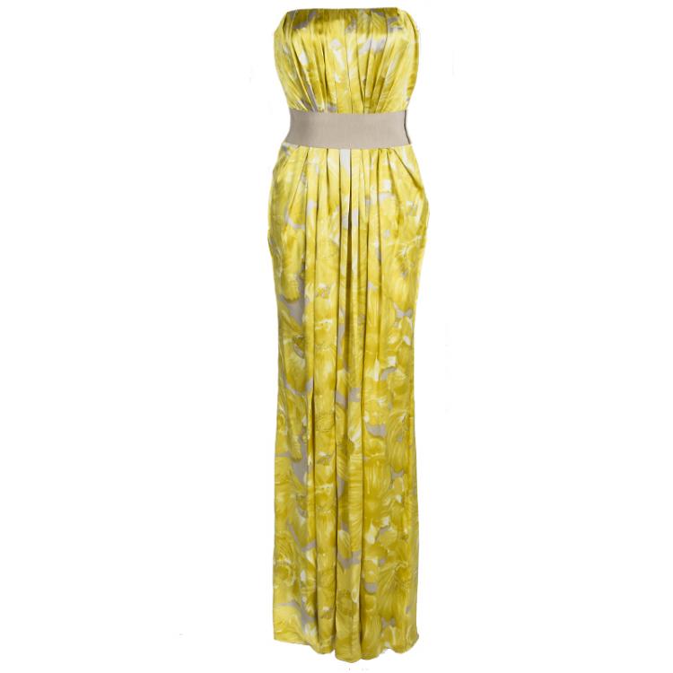 CH Carolina Herrera Yellow Printed Silk Pleat Detail Strapless Maxi ...