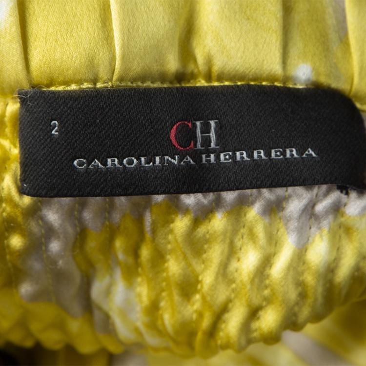 مملوكة مسبقًا CH Carolina Herrera Yellow Printed Silk Pleat Detail Strapless Maxi Dress S
