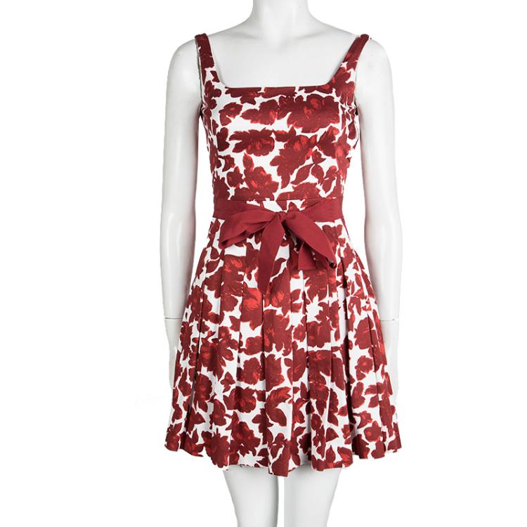Pre Owned CH Carolina Herrera Red Floral Printed Pleat Detail Sleeveless Dress XS