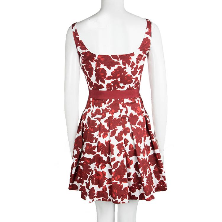 Pre Owned CH Carolina Herrera Red Floral Printed Pleat Detail Sleeveless Dress XS