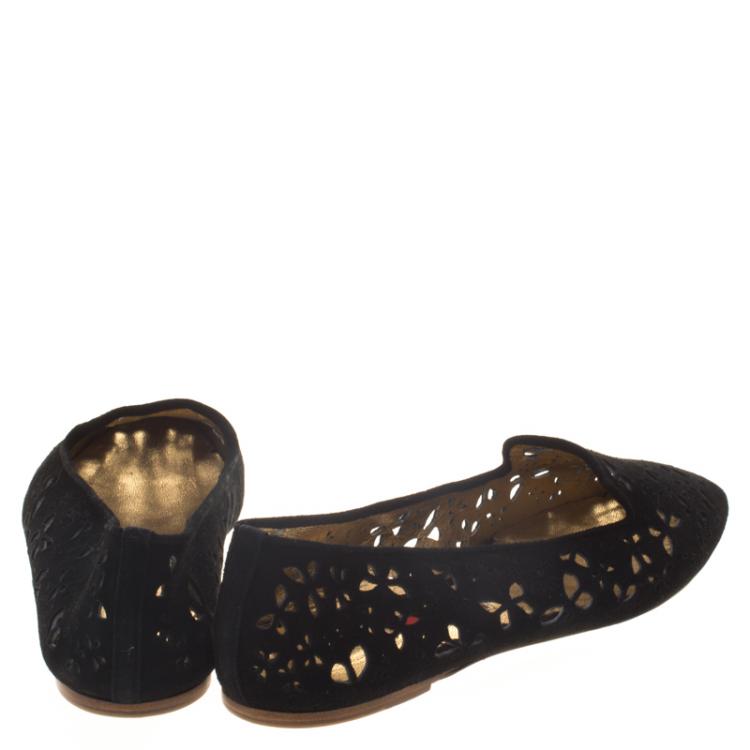 Pre Owned Carolina Herrera Black Lazer Cut Suede Flats Size 39
