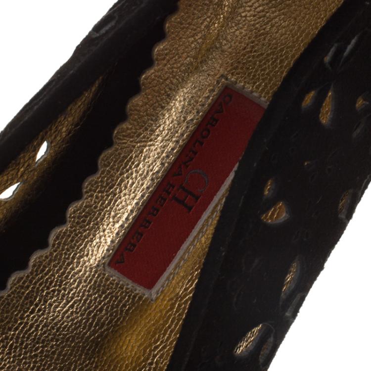 Pre Owned Carolina Herrera Black Lazer Cut Suede Flats Size 39
