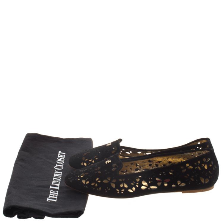 Pre Owned Carolina Herrera Black Lazer Cut Suede Flats Size 39
