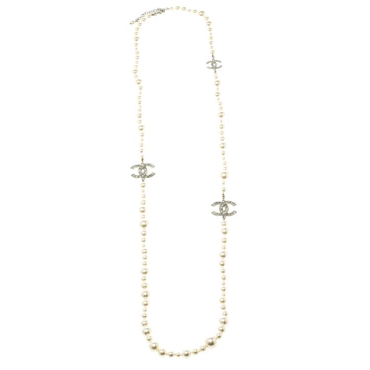 Chanel Silver-pearl-blue Crystal CC Logo Long Necklace