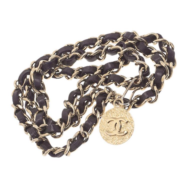 Chanel 22S Gold Metal Black Leather Chain Link CC Logo Pendant Choker  Necklace