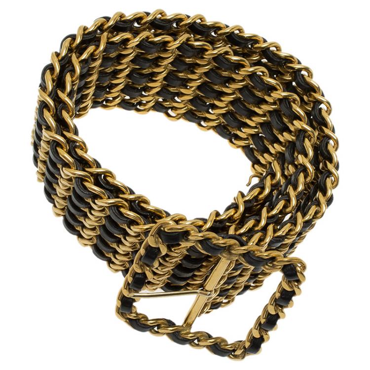 Pre Owned Chanel Black Leather and Gold Triple Chain Buckle Belt