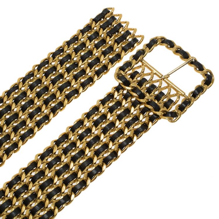 Pre Owned Chanel Black Leather and Gold Triple Chain Buckle Belt