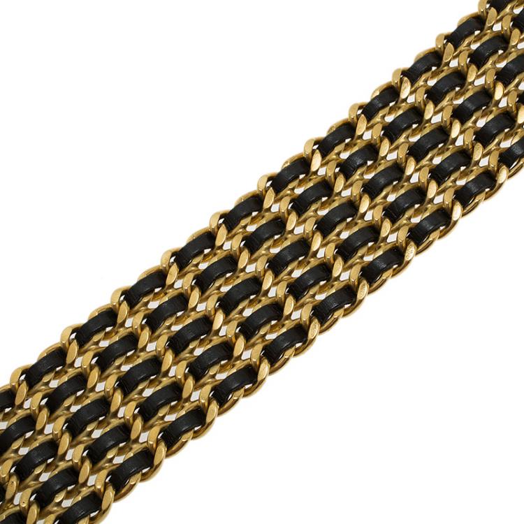 Pre Owned Chanel Black Leather and Gold Triple Chain Buckle Belt