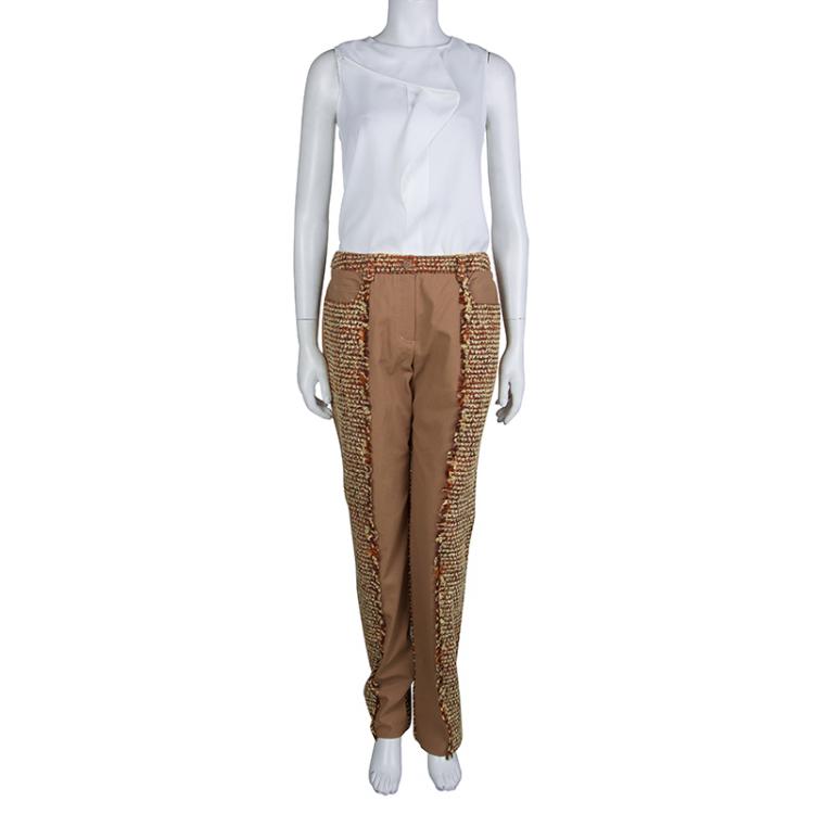 Pre Owned Chanel Tan Brown Multicolor Textured Panel Detail Trousers M