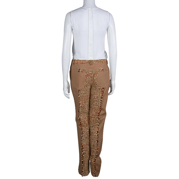 Pre Owned Chanel Tan Brown Multicolor Textured Panel Detail Trousers M