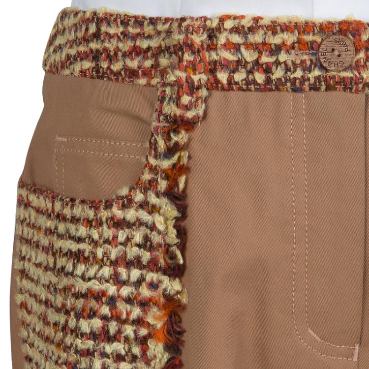 Pre Owned Chanel Tan Brown Multicolor Textured Panel Detail Trousers M