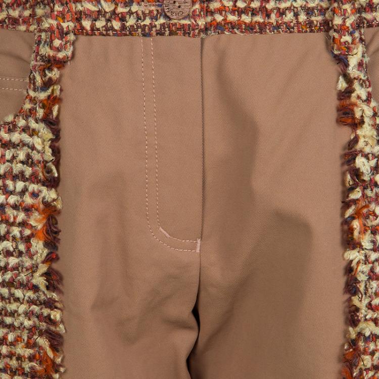 Pre Owned Chanel Tan Brown Multicolor Textured Panel Detail Trousers M