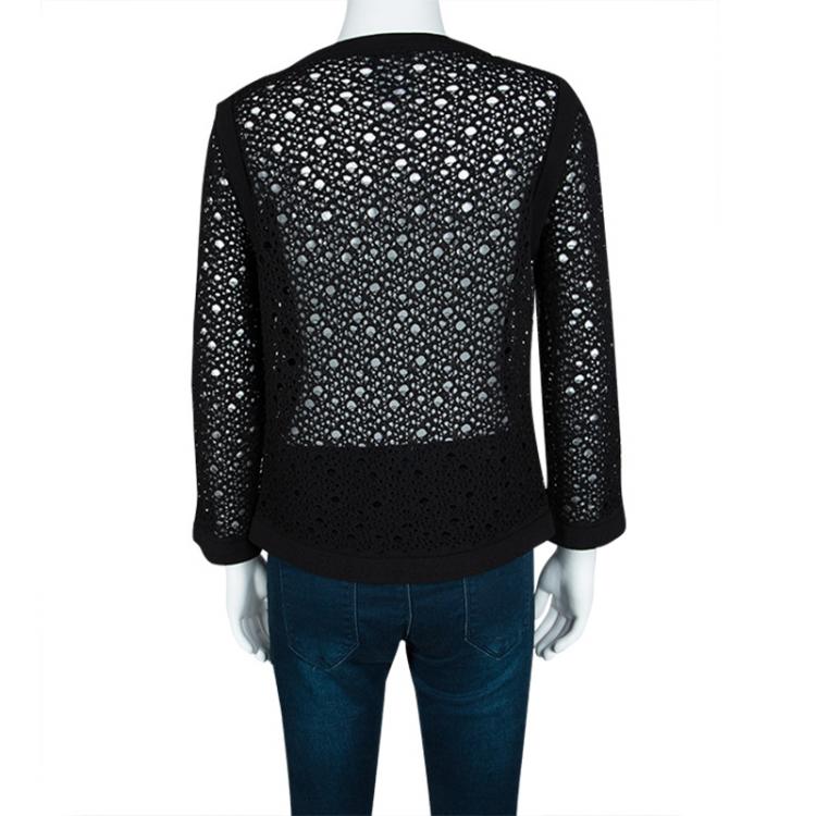 Pre Owned Chanel Black Crochet Knit Button Front Boucle Cardigan L