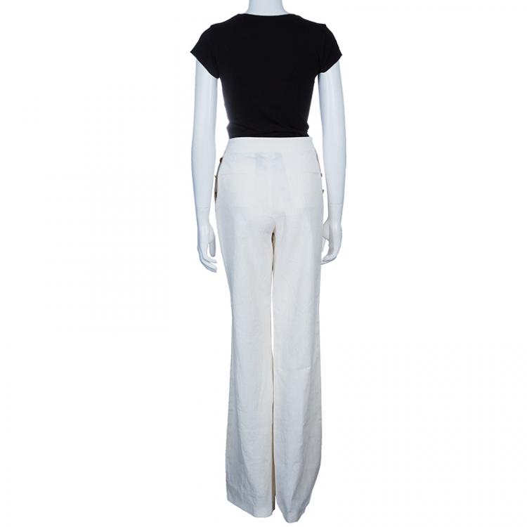 Pre Owned Chanel Off-white Linen Wide Leg Trousers M