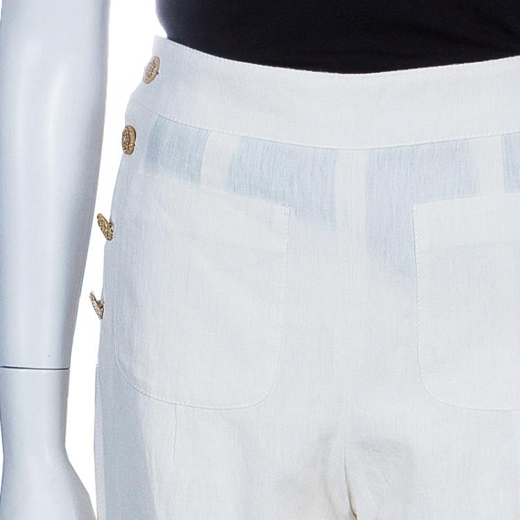 Pre Owned Chanel Off-white Linen Wide Leg Trousers M