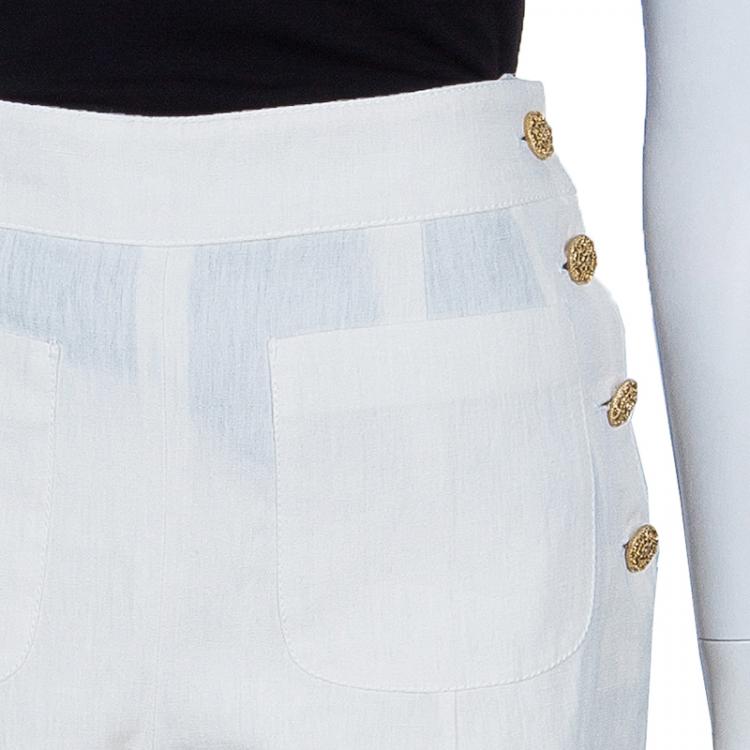 Pre Owned Chanel Off-white Linen Wide Leg Trousers M