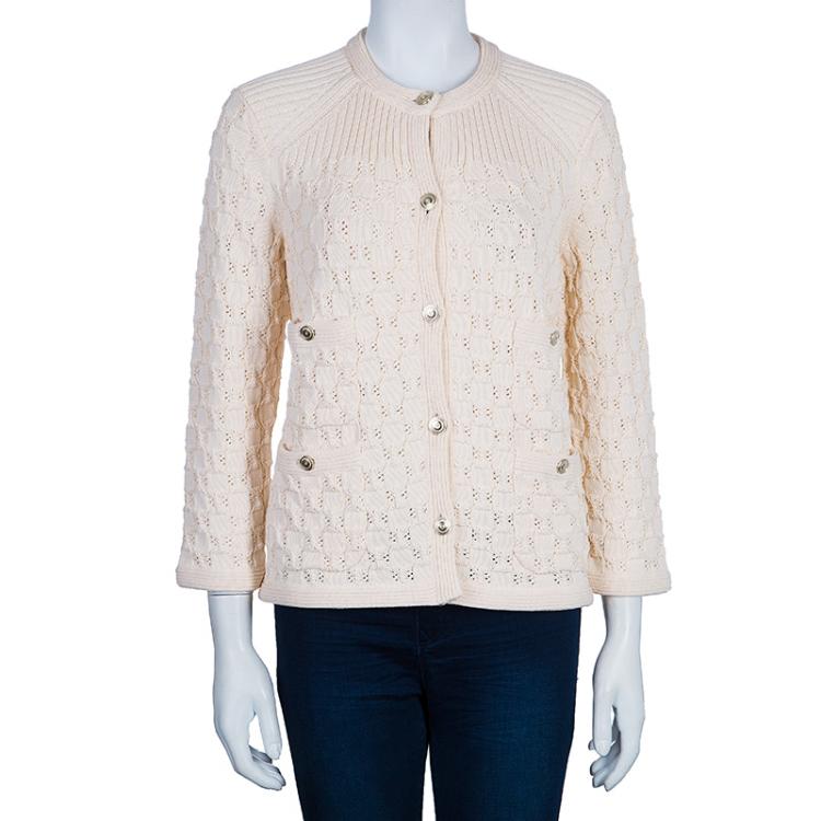 Pre Owned Chanel Offwhite Embroidered Cardigan M