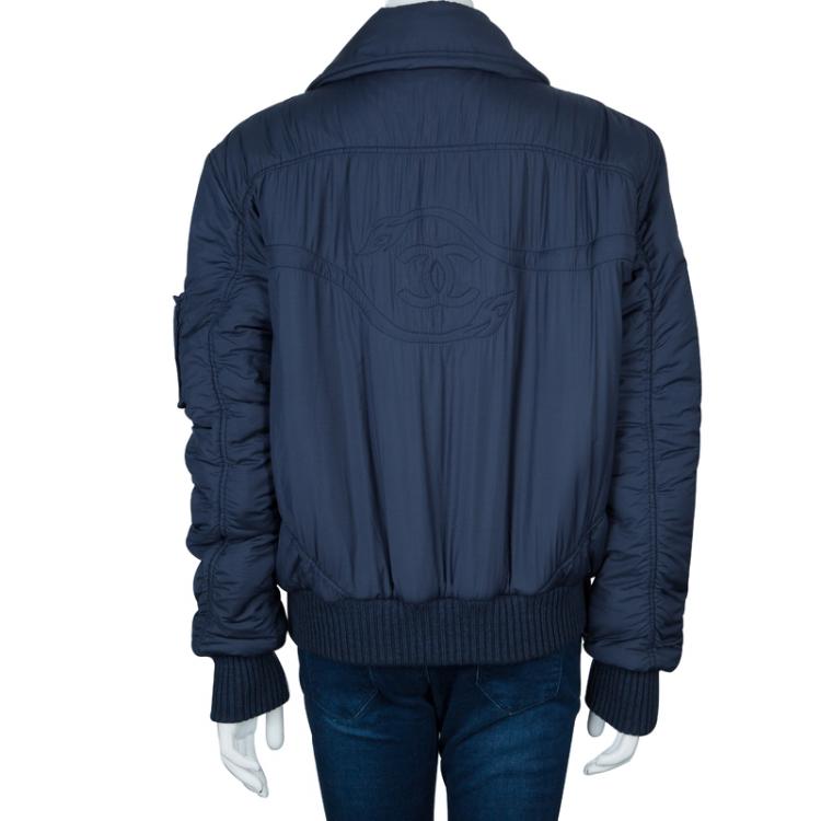 Pre Owned Chanel Navy Blue Quilted Bomber Jacket L