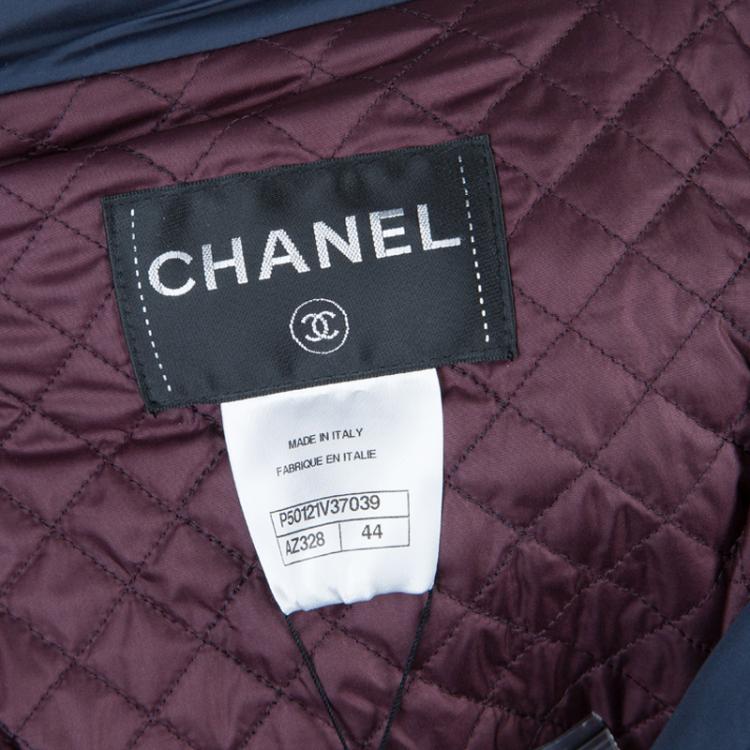 Pre Owned Chanel Navy Blue Quilted Bomber Jacket L