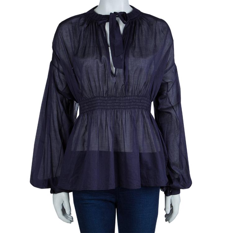 Pre Owned Chanel Navy Blue Cotton Smocked Waist Long Sleeve Sheer Blouse L