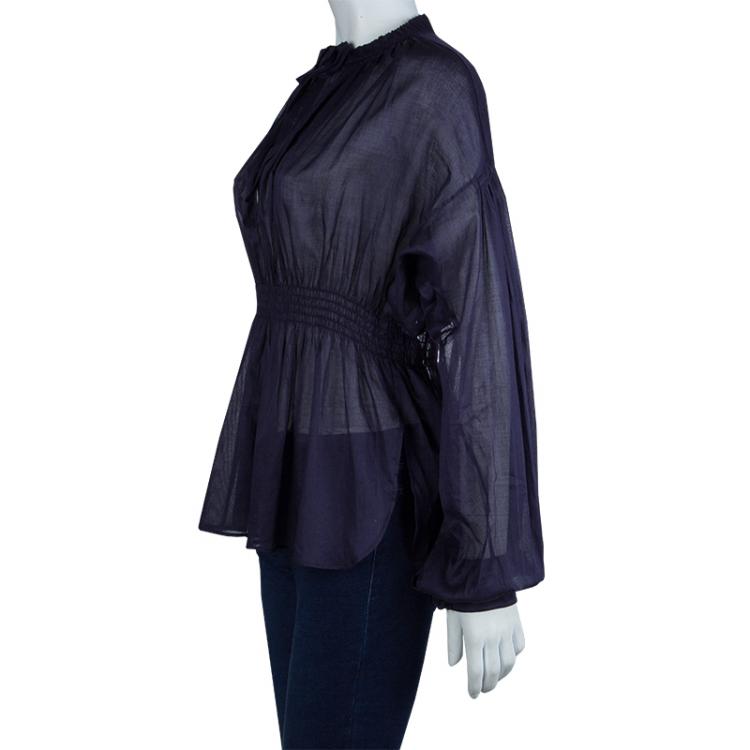 Pre Owned Chanel Navy Blue Cotton Smocked Waist Long Sleeve Sheer Blouse L