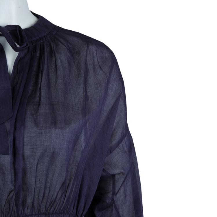 Pre Owned Chanel Navy Blue Cotton Smocked Waist Long Sleeve Sheer Blouse L