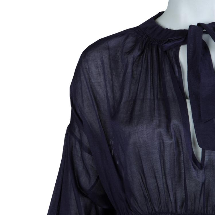 Pre Owned Chanel Navy Blue Cotton Smocked Waist Long Sleeve Sheer Blouse L
