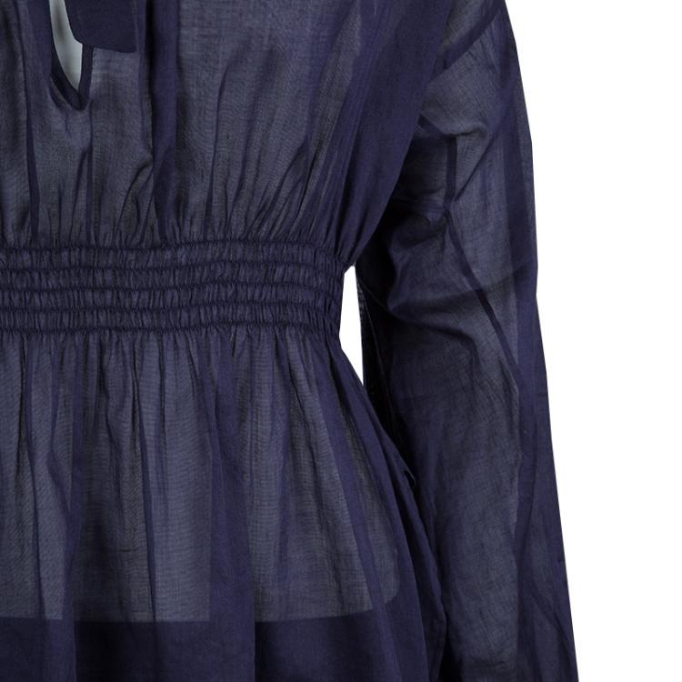 Pre Owned Chanel Navy Blue Cotton Smocked Waist Long Sleeve Sheer Blouse L