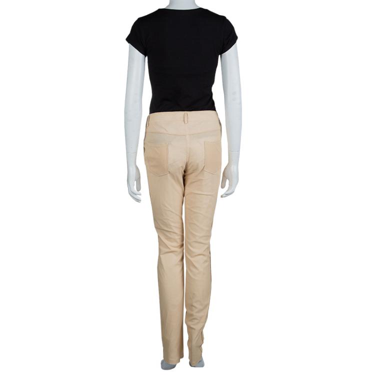 Pre Owned Chanel Beige Cotton Mesh Lined Trousers L