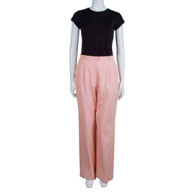 Pre Owned Chanel Light Pink Textured Cotton Wide-Leg Trousers M