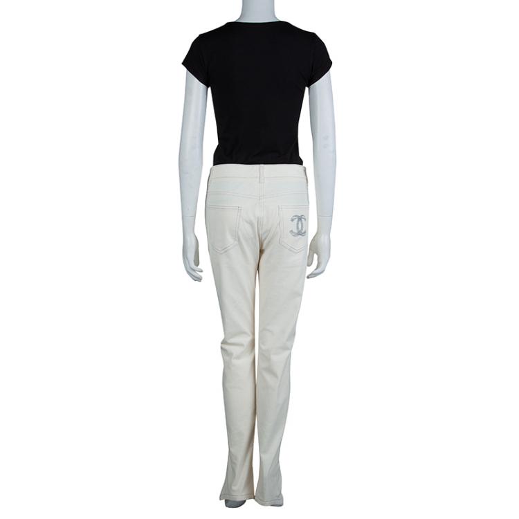 Pre Owned Chanel Cream Slub Denim Straight Fit Jeans L