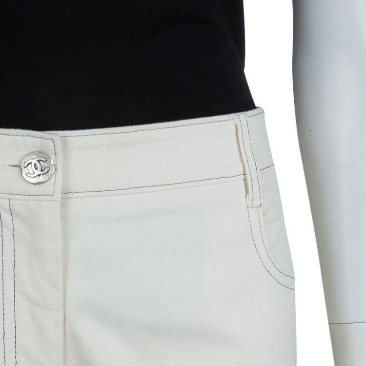 Pre Owned Chanel Cream Slub Denim Straight Fit Jeans L