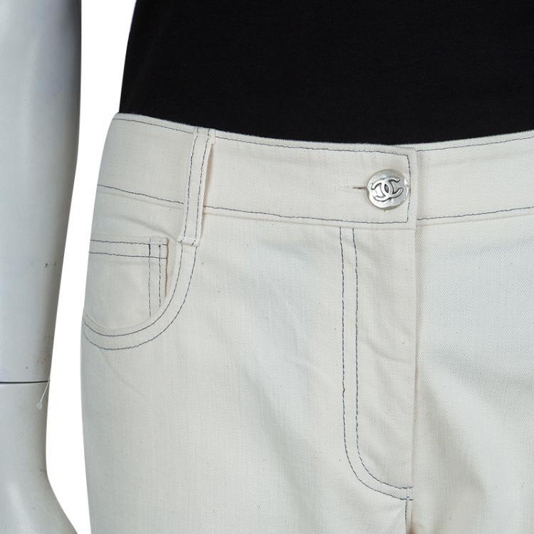 Pre Owned Chanel Cream Slub Denim Straight Fit Jeans L
