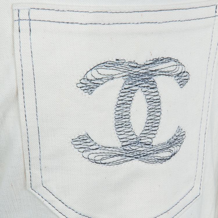 Pre Owned Chanel Cream Slub Denim Straight Fit Jeans L