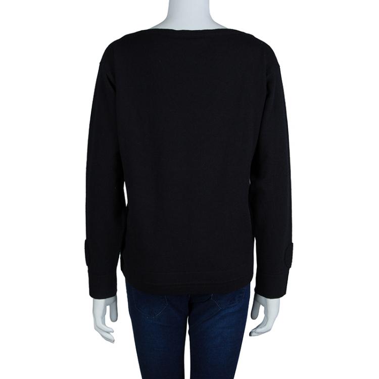 Pre Owned Chanel Black Cashmere Chenille Embroidered Drawstring Detail Sweater M