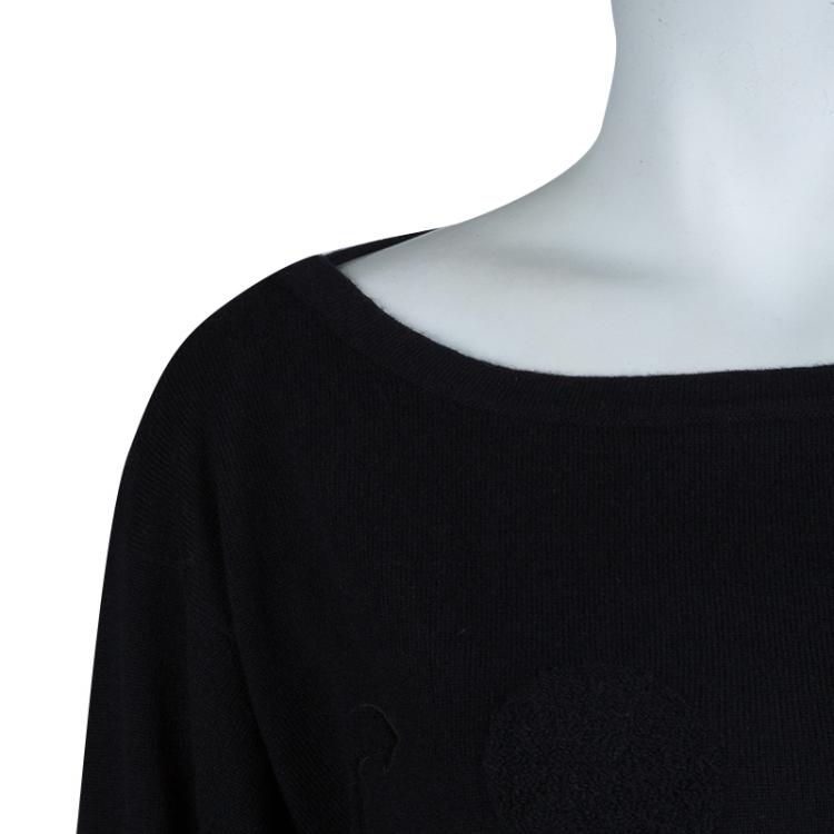Pre Owned Chanel Black Cashmere Chenille Embroidered Drawstring Detail Sweater M