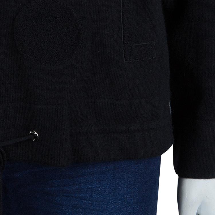 Pre Owned Chanel Black Cashmere Chenille Embroidered Drawstring Detail Sweater M