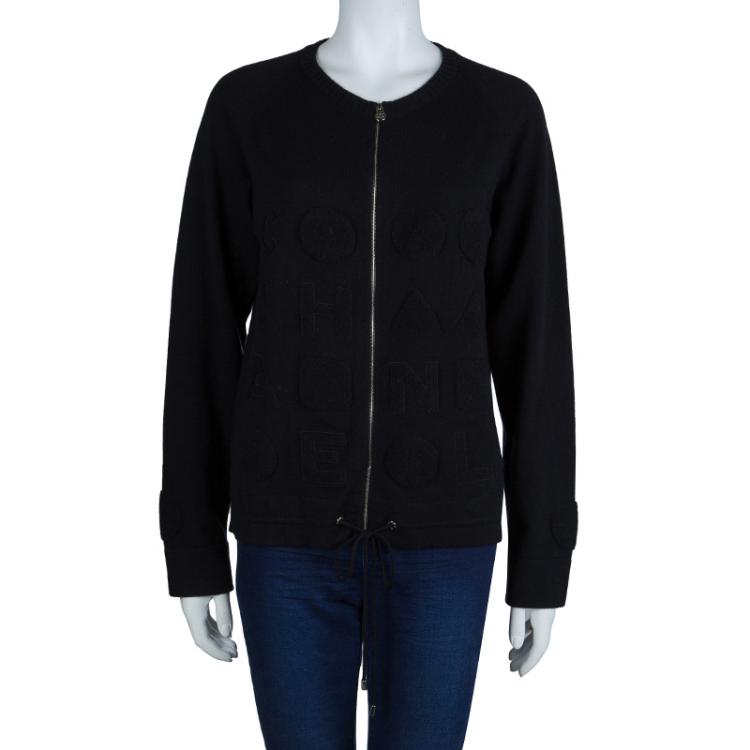 Pre Owned Chanel Black Cashmere Chenille Embroidered Zip Front Cardigan L