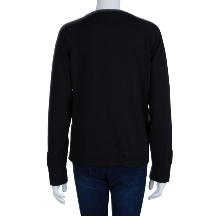 Pre Owned Chanel Black Cashmere Chenille Embroidered Zip Front Cardigan L