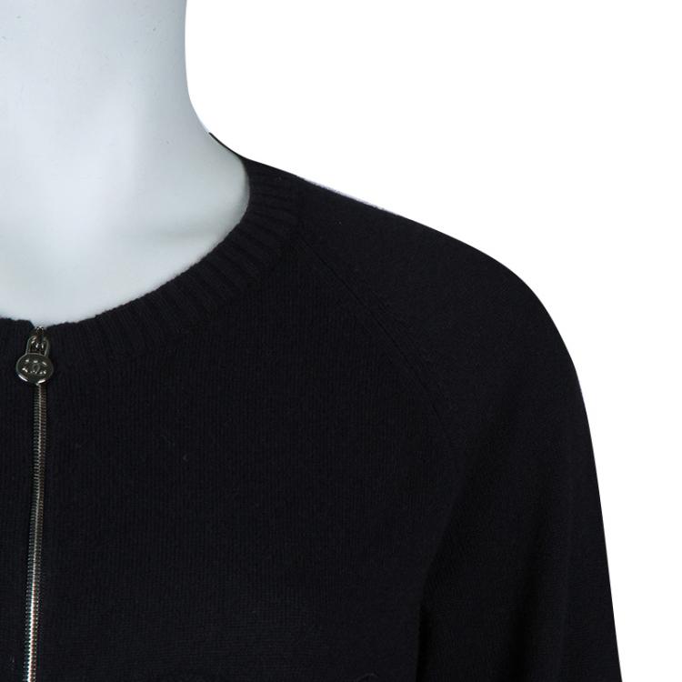 Pre Owned Chanel Black Cashmere Chenille Embroidered Zip Front Cardigan L