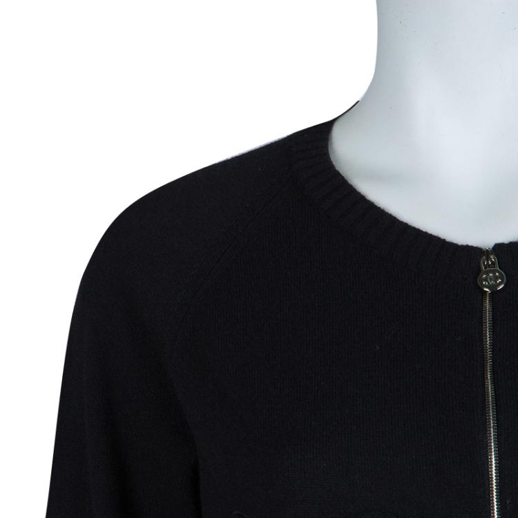 Pre Owned Chanel Black Cashmere Chenille Embroidered Zip Front Cardigan L