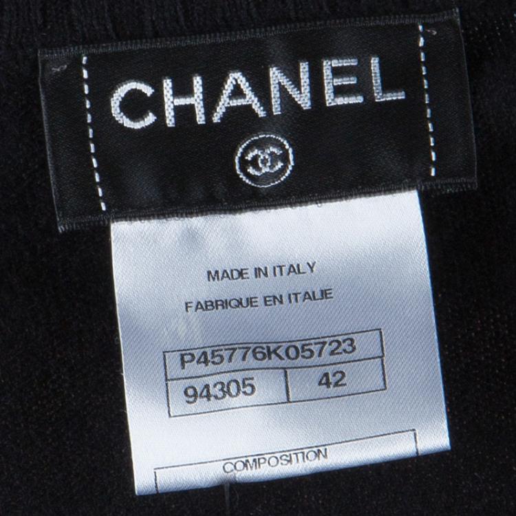 Pre Owned Chanel Black Cashmere Chenille Embroidered Zip Front Cardigan L