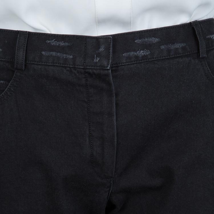 Pre Owned Chanel Black Distressed Denim Embroidered Patch Detail Straight Fit Jeans M